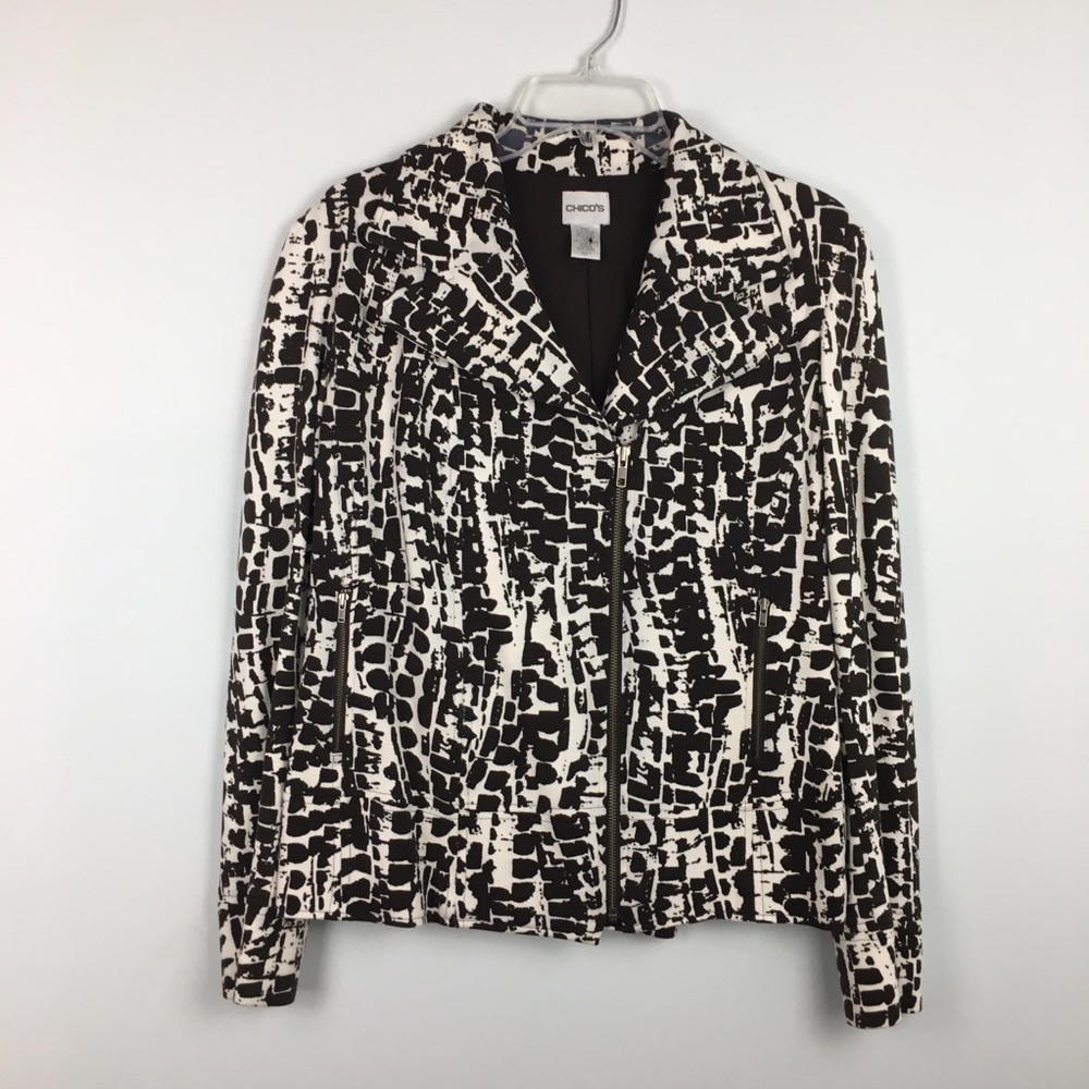 Chico's Animal Print Moto Jacket Women’s Sz M Brown Giraffe Boho Avant Garde